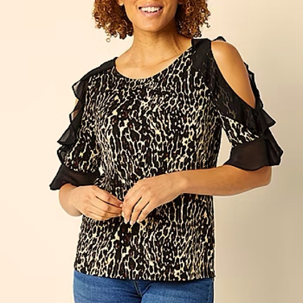 BOLD Elements | Leopard Print Blouse with Cold Shoulder Ruffled Sleeves Medium